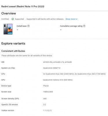 Specifications on Redmi 11 Pro 2023 on Google console 