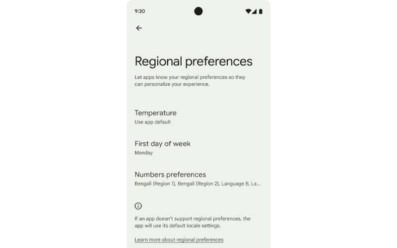 Android developer preview 2 regional preferences 