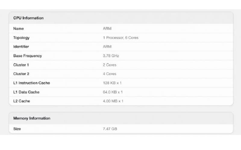 A17 Pro performance cores clocked at 3.78GHz